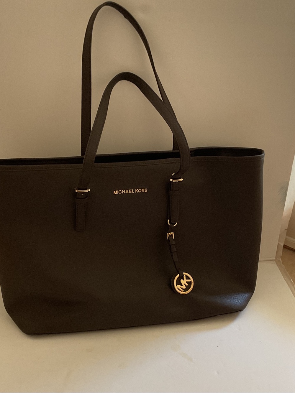 Michael Kors Dark Brown laptop Tote with Gold Logo Charm